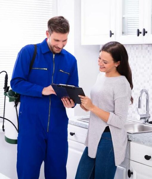 Happy Woman And Pest Control Exterminator